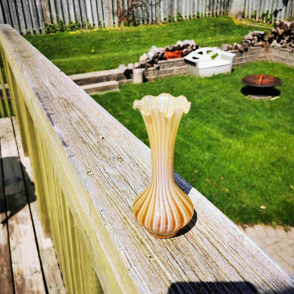 Art Glass Vase / Bud Vase ~ Striped Butterscotch Colour ~ Ruffled Rim - Picture 5 of 14